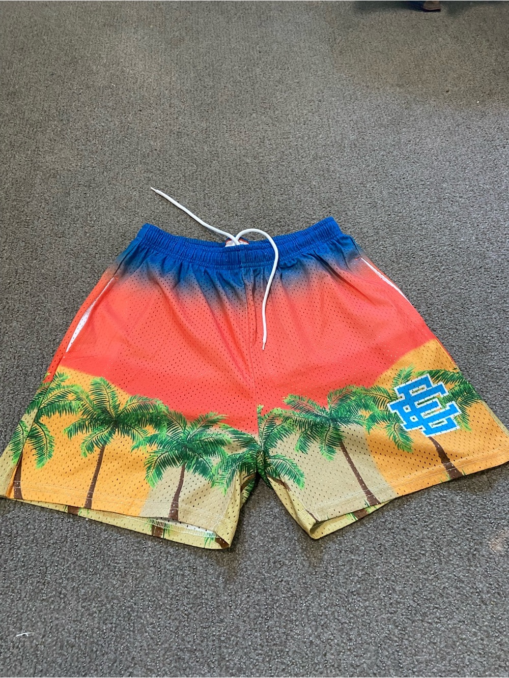 XL Eric Emanuel Tropical Palm Sunset Print Mesh Shorts